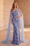 Robe de cérémonie longue à motifs floraux, coupe sirène, bleu ardoise, sans bretelles