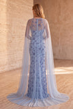 Robe de cérémonie longue à motifs floraux, coupe sirène, bleu ardoise, sans bretelles