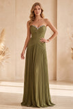 Robe de cérémonie longue, plissée, sans bretelles, olive, avec strass