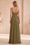 Robe de cérémonie longue, plissée, sans bretelles, olive, avec strass