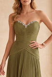 Robe de cérémonie longue, plissée, sans bretelles, olive, avec strass