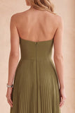 Robe de cérémonie longue, plissée, sans bretelles, olive, avec strass