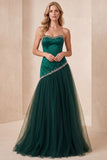 Robe de cérémonie longue en satin, ligne A, vert foncé, avec perles