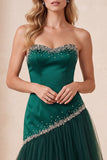Robe de cérémonie longue en satin, ligne A, vert foncé, avec perles