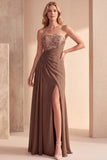 Robe de cérémonie café, ligne A, sans bretelles, à paillettes, avec fronces et perles, longue, en mousseline