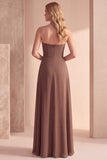 Robe de cérémonie café, ligne A, sans bretelles, à paillettes, avec fronces et perles, longue, en mousseline