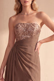 Robe de cérémonie café, ligne A, sans bretelles, à paillettes, avec fronces et perles, longue, en mousseline