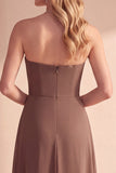 Robe de cérémonie café, ligne A, sans bretelles, à paillettes, avec fronces et perles, longue, en mousseline
