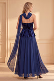 Robe de cérémonie longue en velours, à bretelles, en mousseline, imprimée, ligne A, bleu foncé