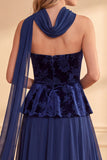 Robe de cérémonie longue en velours, à bretelles, en mousseline, imprimée, ligne A, bleu foncé