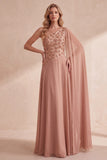 Robe de cérémonie longue en mousseline, à une épaule, avec perles et cape