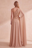 Robe de cérémonie longue en mousseline, à une épaule, avec perles et cape
