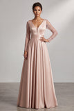 Robe mère de la mariée longue maugrey, à manches longues, à col V, ligne A, avec manches plissées et paillettes