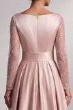 Robe mère de la mariée longue maugrey, à manches longues, à col V, ligne A, avec manches plissées et paillettes