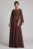 Robe mère de la mariée longue café en mousseline, ligne A, avec perles