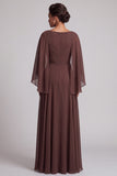 Robe mère de la mariée longue café en mousseline, ligne A, avec perles