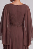 Robe mère de la mariée longue café en mousseline, ligne A, avec perles