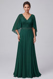 Robe mère de la mariée longue vert foncé, à col V, à manches flottantes, avec dentelle et perles