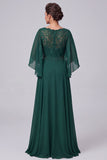 Robe mère de la mariée longue vert foncé, à col V, à manches flottantes, avec dentelle et perles