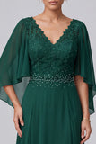 Robe mère de la mariée longue vert foncé, à col V, à manches flottantes, avec dentelle et perles