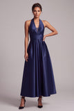 Robe de cérémonie midi avec fronces, en satin bleu foncé, ligne A