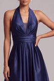 Robe de cérémonie midi avec fronces, en satin bleu foncé, ligne A