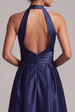 Robe de cérémonie midi avec fronces, en satin bleu foncé, ligne A
