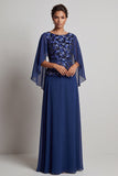 Robe mère de la mariée longue à col bateau marine, en mousseline, ligne A, à manches flottantes