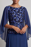 Robe mère de la mariée longue à col bateau marine, en mousseline, ligne A, à manches flottantes