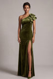 Robe de cérémonie olive en velours, avec volants, à une épaule et fente