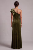 Robe de cérémonie olive en velours, avec volants, à une épaule et fente