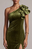 Robe de cérémonie olive en velours, avec volants, à une épaule et fente