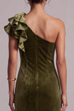Robe de cérémonie olive en velours, avec volants, à une épaule et fente
