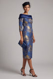 Robe mère de la mariée midi à épaules dénudées bleu royal, à manches 3/4