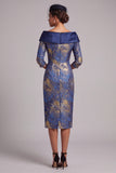 Robe mère de la mariée midi à épaules dénudées bleu royal, à manches 3/4