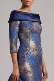 Robe mère de la mariée midi à épaules dénudées bleu royal, à manches 3/4