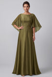 Robe mère de la mariée longue olive, ligne A, à col bateau, à manches flottantes, en satin, avec perles