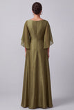 Robe mère de la mariée longue olive, ligne A, à col bateau, à manches flottantes, en satin, avec perles