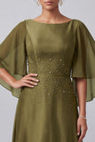 Robe mère de la mariée longue olive, ligne A, à col bateau, à manches flottantes, en satin, avec perles