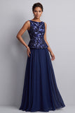 Robe mère de la mariée longue à motifs, à col bateau, ligne A, bleu marine