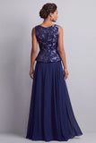 Robe mère de la mariée longue à motifs, à col bateau, ligne A, bleu marine