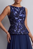 Robe mère de la mariée longue à motifs, à col bateau, ligne A, bleu marine