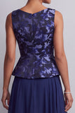 Robe mère de la mariée longue à motifs, à col bateau, ligne A, bleu marine