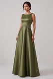 Robe mère de la mariée longue en satin, à col bateau, olive, ligne A, avec perles