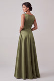 Robe mère de la mariée longue en satin, à col bateau, olive, ligne A, avec perles