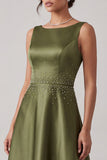 Robe mère de la mariée longue en satin, à col bateau, olive, ligne A, avec perles