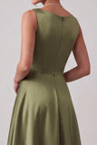 Robe mère de la mariée longue en satin, à col bateau, olive, ligne A, avec perles