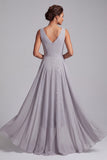 Robe mère de la mariée midi en mousseline gris clair, à col V, à paillettes