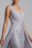 Robe mère de la mariée midi en mousseline gris clair, à col V, à paillettes