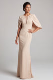 Robe mère de la mariée longue, coupe sirène, champagne, à col rond, avec perles